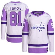Men's Adidas Washington Capitals Adam Carlson White/Purple Hockey Fights Cancer Primegreen Jersey - Authentic