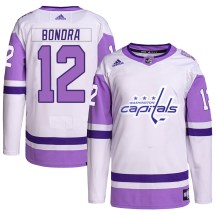 Youth Adidas Washington Capitals Peter Bondra White/Purple Hockey Fights Cancer Primegreen Jersey - Authentic